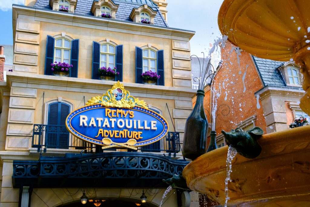 view of the ratatouille ride from the fountain at Disney World