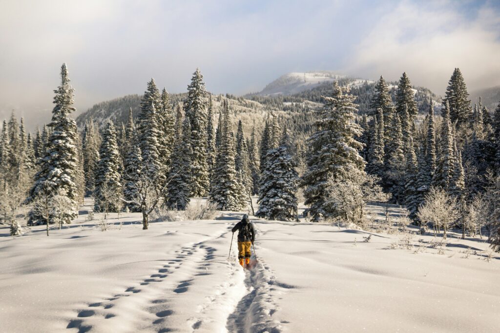 a man makes his own path through the snow while walking toward a snow covered forrest