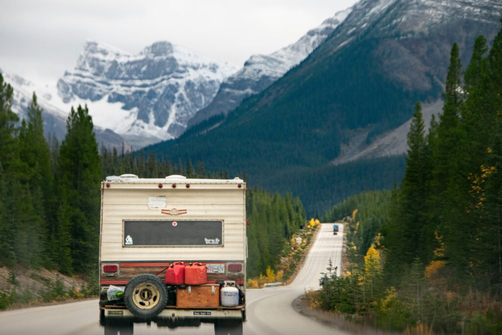 A van driving down a mountain road