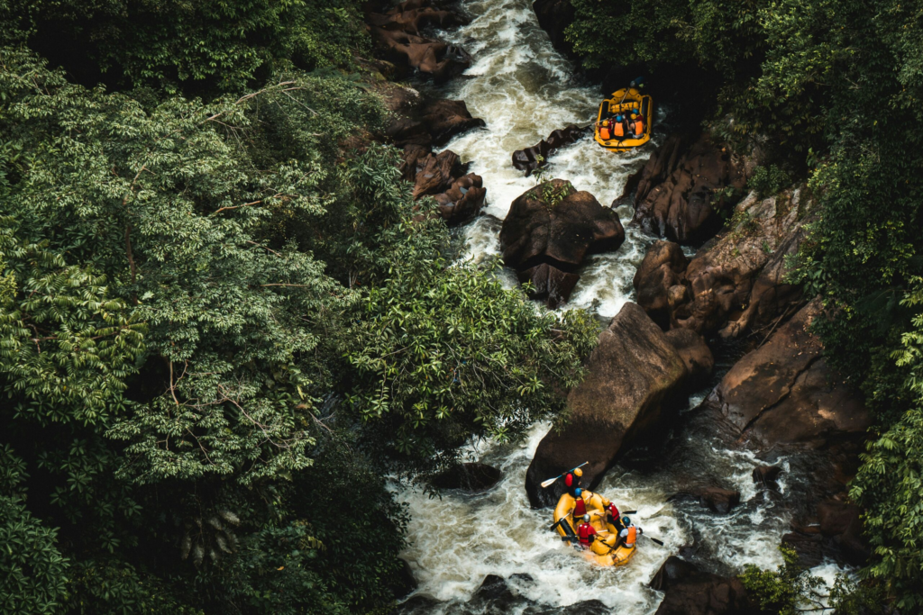 birds eye view of two small yellow rafts floating down a small river enclosed by trees