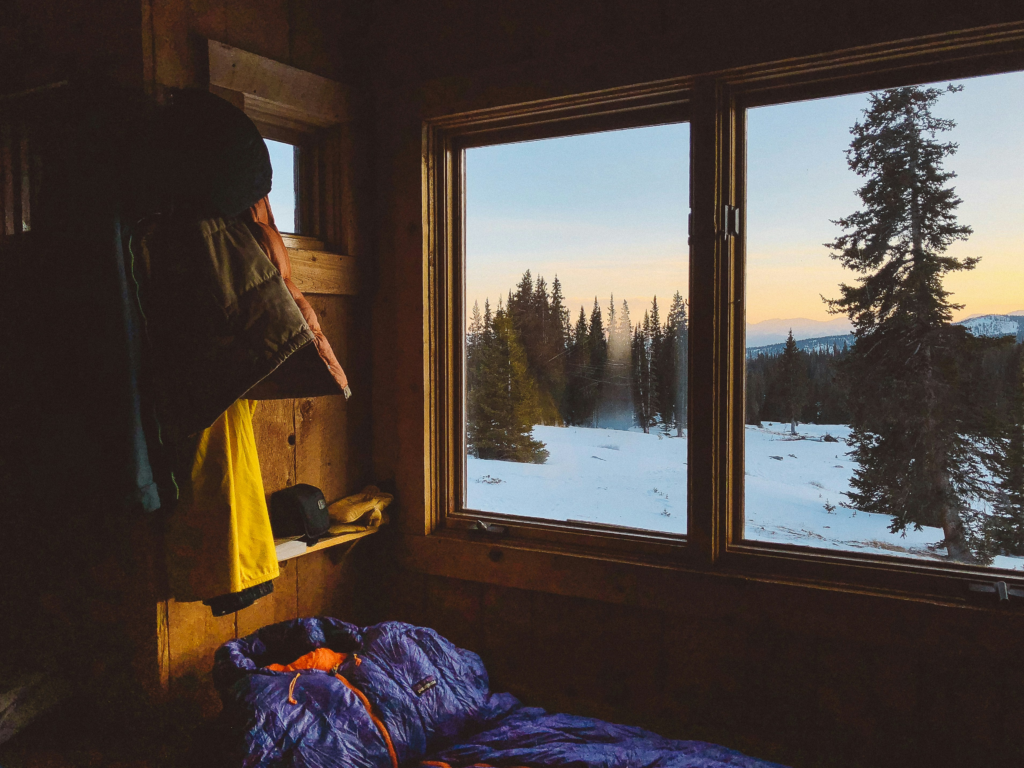 Dorm room in staff housing overlooking a snowy forrest
