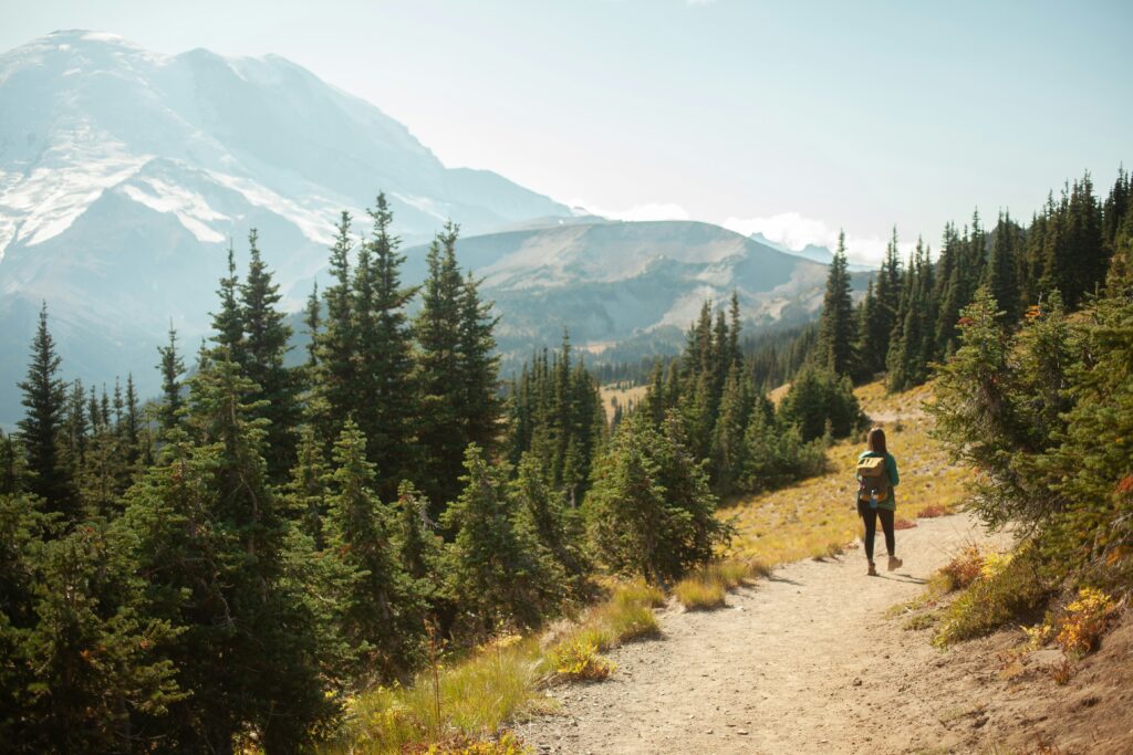 hiking on a dirt trail with a mountain view at a national park