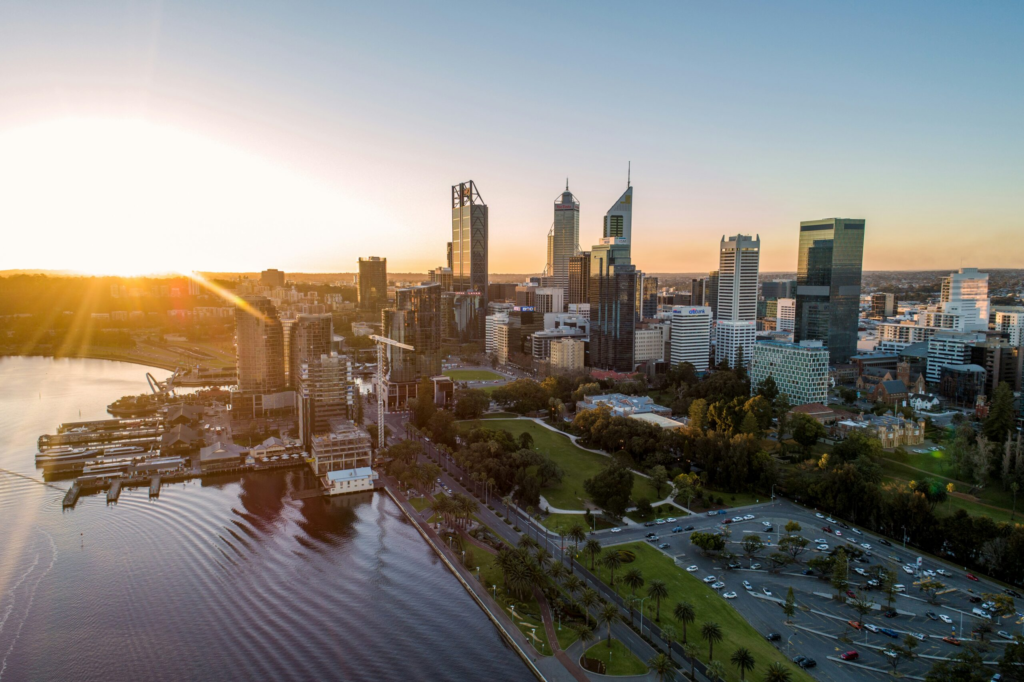 view of the Perth city skyline in Australia as the sunsets