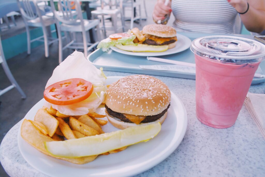 Disney World quick service lunch of a burger, fries, and a smoothie