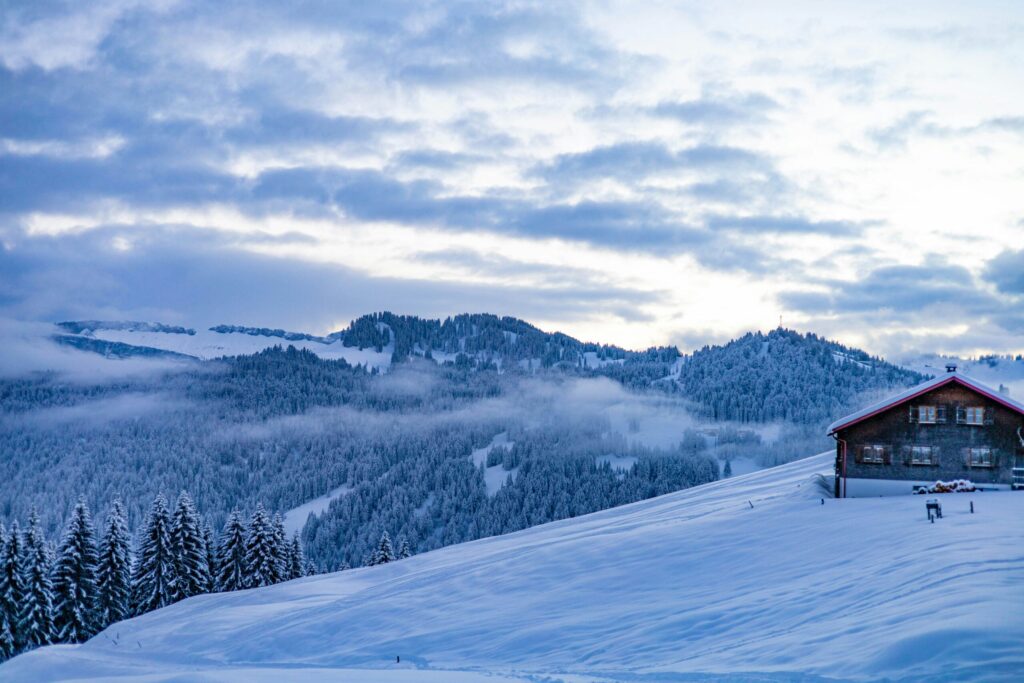a chateau sits on a snowy mountainside with snow covered trees in the background