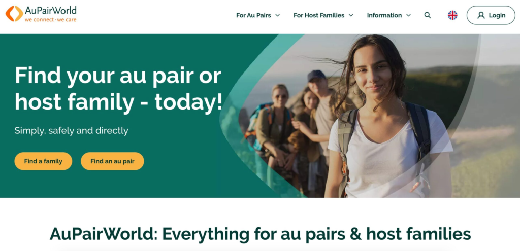 The Au Pair World website's opening page