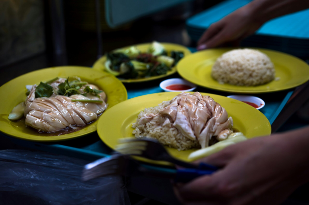 Singapore's famous chicken and rice dish from a Hawker Center Food hall