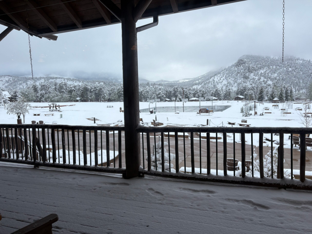 Snowy day from the front porch of the YMC of the Rockies main lodge